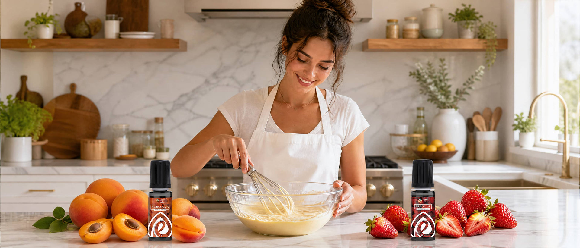 Donna che prepara un dolce con due aromi in evidenza.